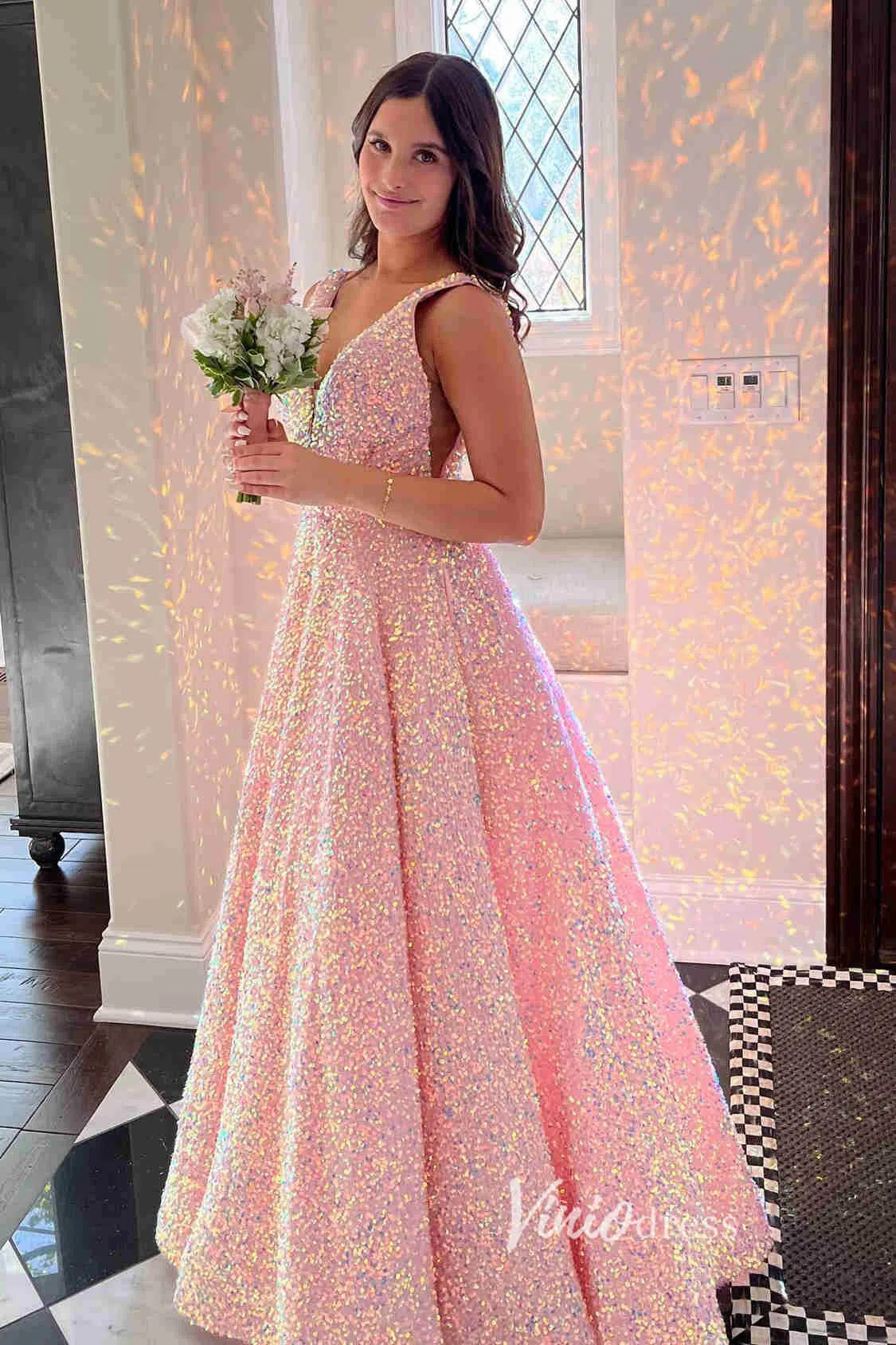 A-line V-neck Sequin Prom Dresses Long with Pockets FD2520 A-line, V-neck-prom dresses 2025 -Viniodress-Pink-Custom Size-