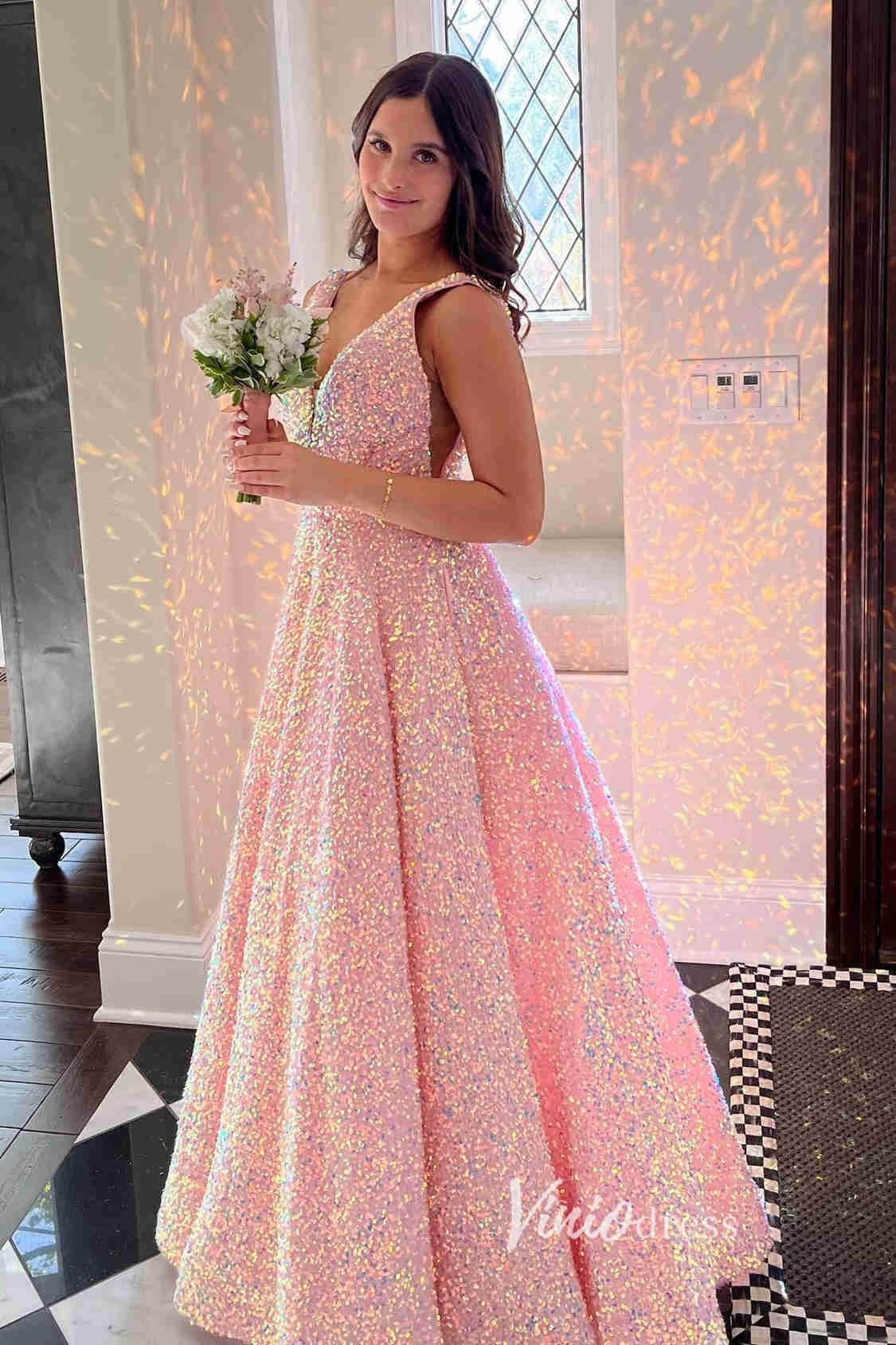 A-line V-neck Sequin Prom Dresses Long with Pockets FD2520 A-line, V-neck-prom dresses-Viniodress-Pink-Custom Size-Viniodress