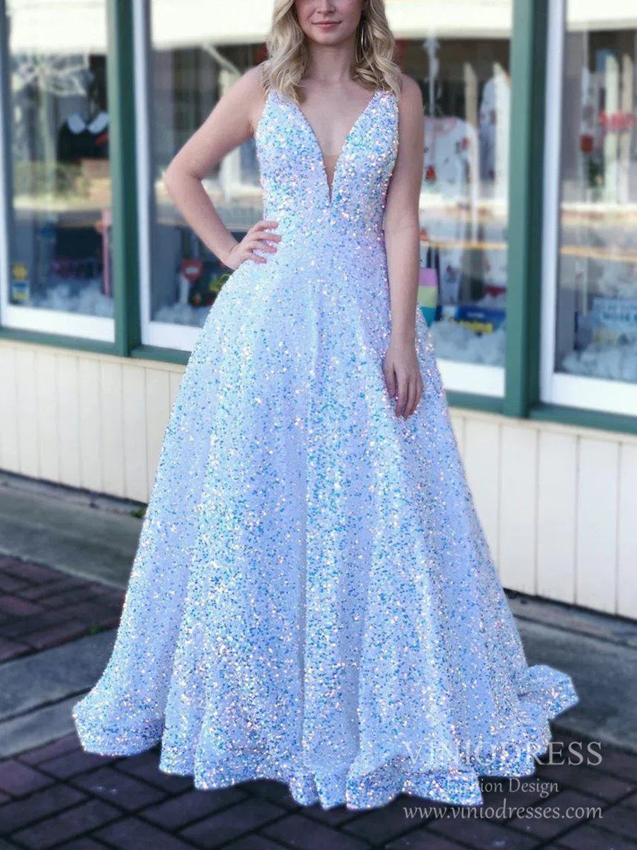 Prom Dress 2025 A-line V-neck Sequin Prom Dresses Long with Pockets FD2520 A-line, V-neck-unique prom dresses-White-Custom Size-Viniodress