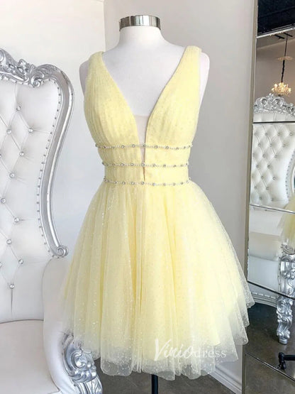 A-line V Neck Yellow Sequin Homecoming Dresses with Sparkles SD1213-Homecoming Dresses 2025 -Viniodress-Yellow-Custom Size-