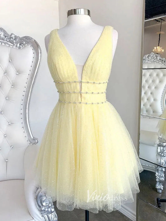 A-line V Neck Yellow Sequin Homecoming Dresses with Sparkles SD1213-Homecoming Dresses 2025 -Viniodress-Yellow-Custom Size-