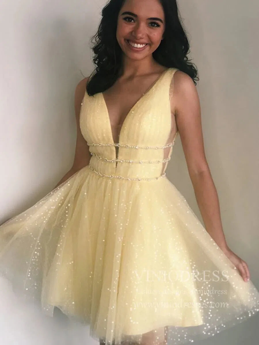 Short Prom Dresses 2025 A-line V Neck Yellow Sequin Homecoming Dresses with Sparkles SD1213-homecoming dresses-Viniodress-Yellow-Custom Size-Viniodress