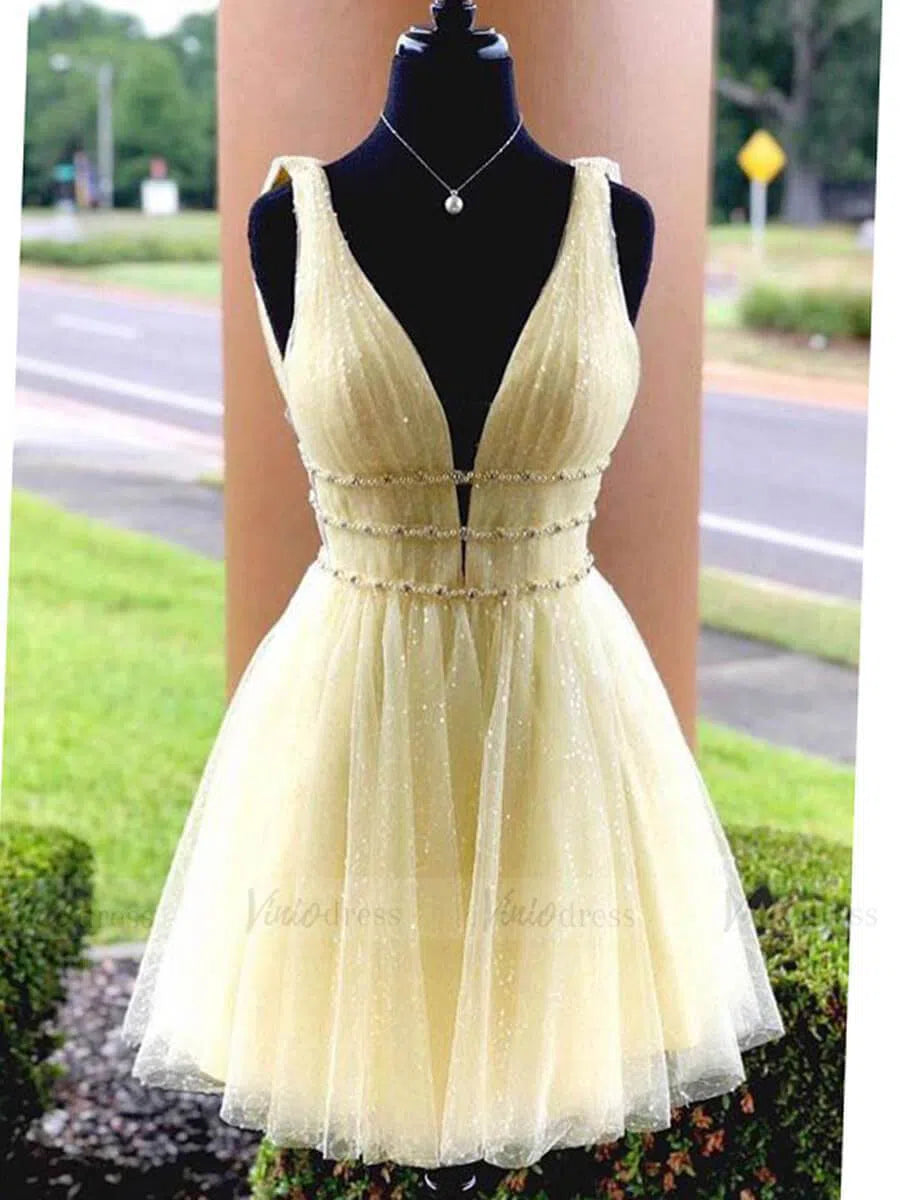 Short Prom Dresses 2025 A-line V Neck Yellow Sequin Homecoming Dresses with Sparkles SD1213-homecoming dresses-Viniodress-Yellow-Custom Size-Viniodress