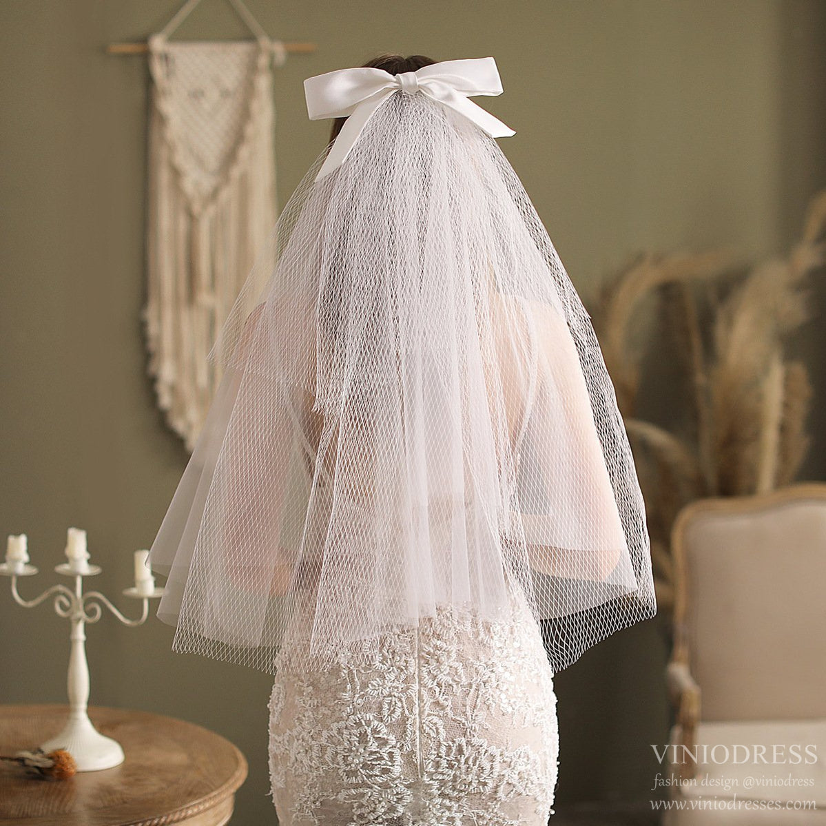 Big Bow Veil Waist Length-Accessories-Viniodress-Ivory-Viniodress