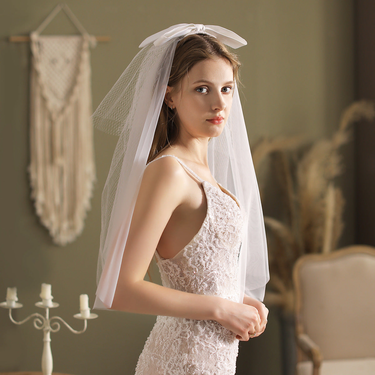 Big Bow Veil Waist Length-Accessories-Viniodress-Ivory-Viniodress