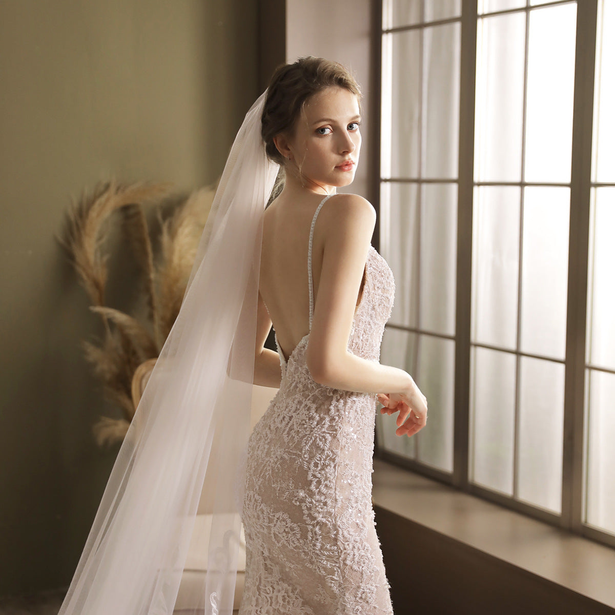 Lace Appliqued Cathedral Veil Petal Hem Veil-Accessories-Viniodress-Ivory-Viniodress