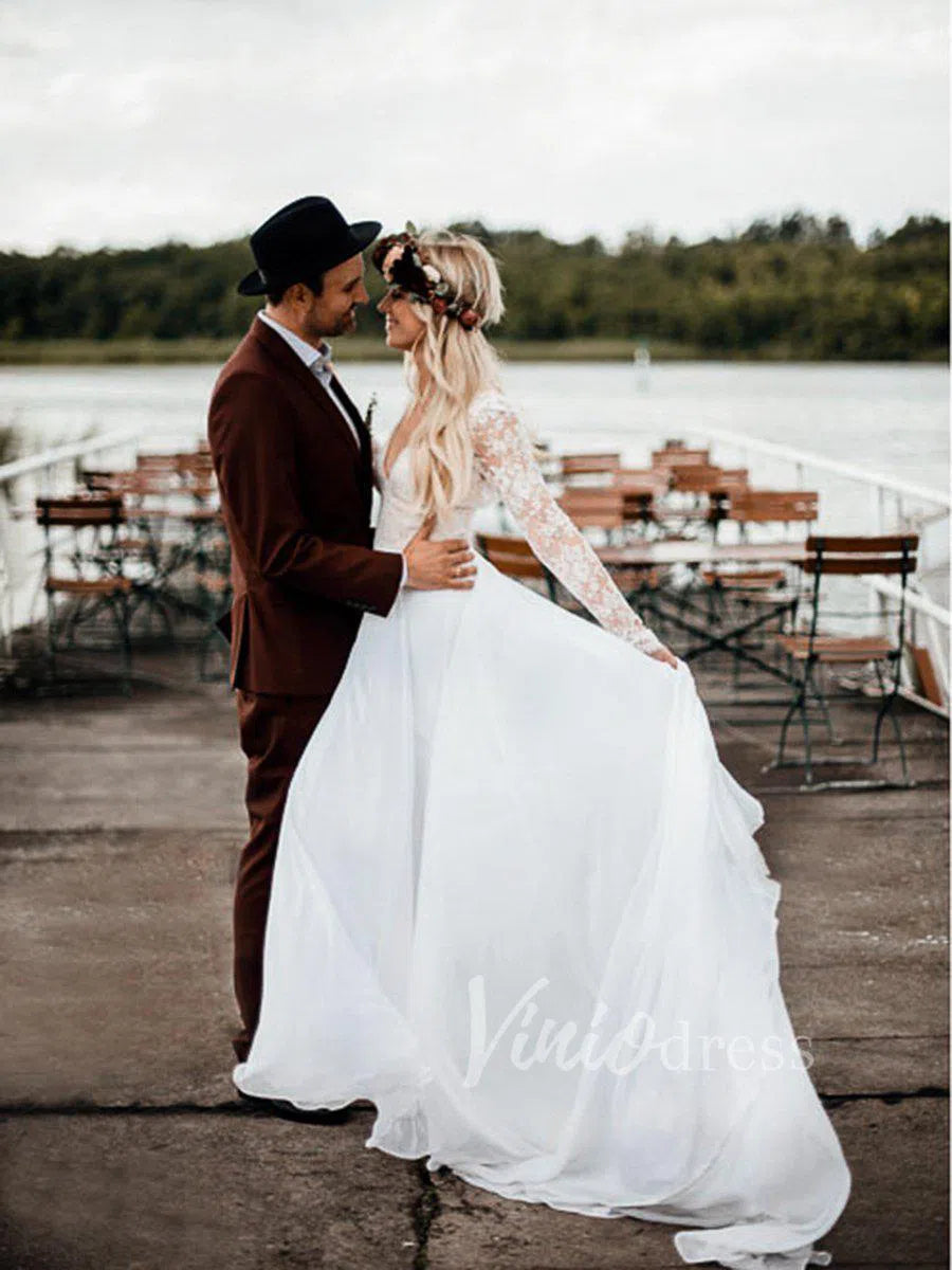 Affordable Long Sleeve Boho Wedding Dresses with Lace Bodice VW1217-wedding dresses-Viniodress-Viniodress