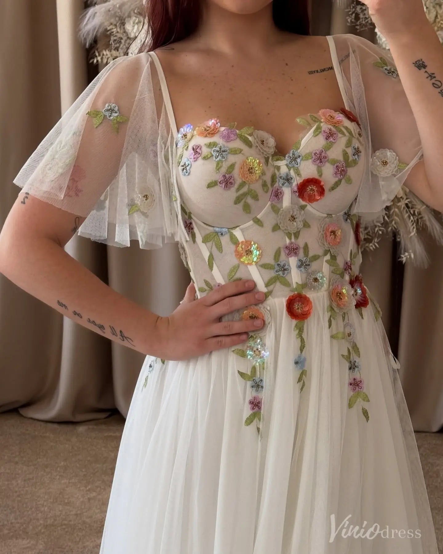 Angel Sleeve A-line Tulle Wedding Dresses with 3D Flowers Garden Bridal Gown FW207-wedding dresses 2025 -Viniodress-Ivory-Custom Size-