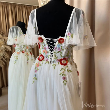 Angel Sleeve A-line Tulle Wedding Dresses with 3D Flowers Garden Bridal Gown FW207-wedding dresses 2025 -Viniodress-Ivory-Custom Size-