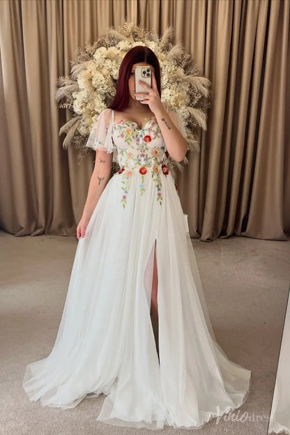 Angel Sleeve A-line Tulle Wedding Dresses with 3D Flowers Garden Bridal Gown FW207-wedding dresses 2025 -Viniodress-Ivory-Custom Size-