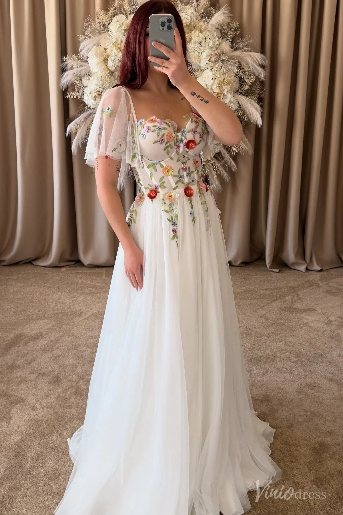 Angel Sleeve A-line Tulle Wedding Dresses with 3D Flowers Garden Bridal Gown FW207-wedding dresses 2025 -Viniodress-Ivory-Custom Size-