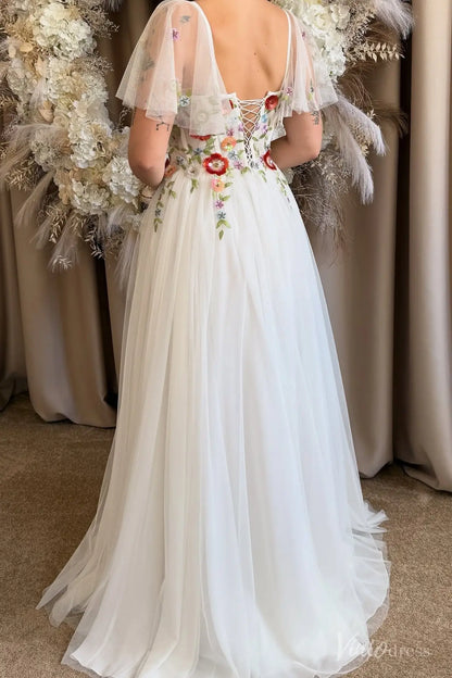 Angel Sleeve A-line Tulle Wedding Dresses with 3D Flowers Garden Bridal Gown FW207-wedding dresses 2025 -Viniodress-Ivory-Custom Size-