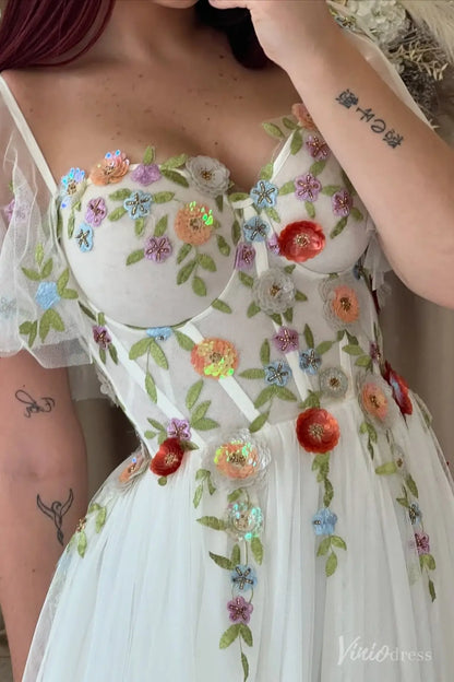 Angel Sleeve A-line Tulle Wedding Dresses with 3D Flowers Garden Bridal Gown FW207-wedding dresses 2025 -Viniodress-Ivory-Custom Size-