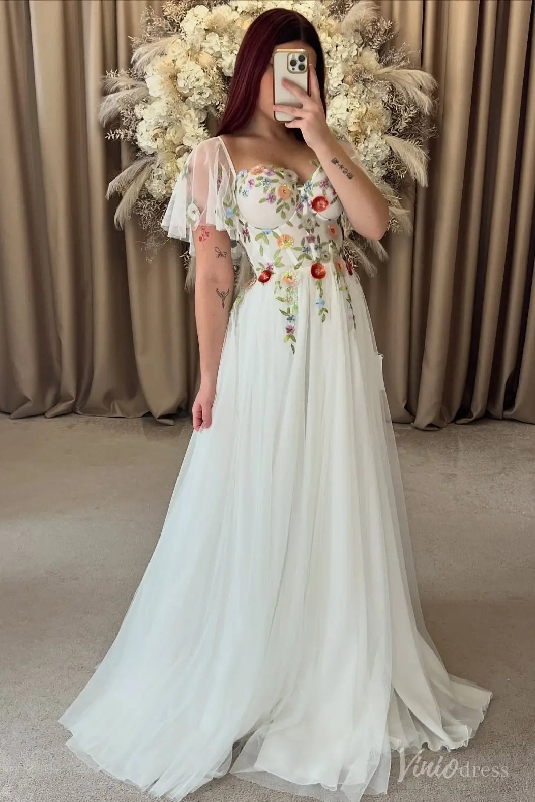 Angel Sleeve A-line Tulle Wedding Dresses with 3D Flowers Garden Bridal Gown FW207-wedding dresses 2025 -Viniodress-Ivory-Custom Size-