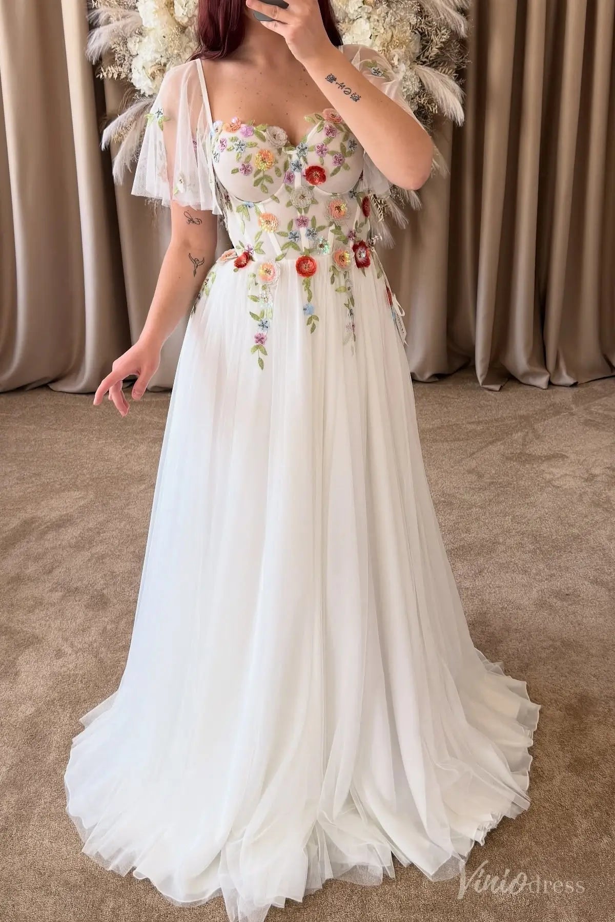 Angel Sleeve A-line Tulle Wedding Dresses with 3D Flowers Garden Bridal Gown FW207-wedding dresses 2025 -Viniodress-Ivory-Custom Size-