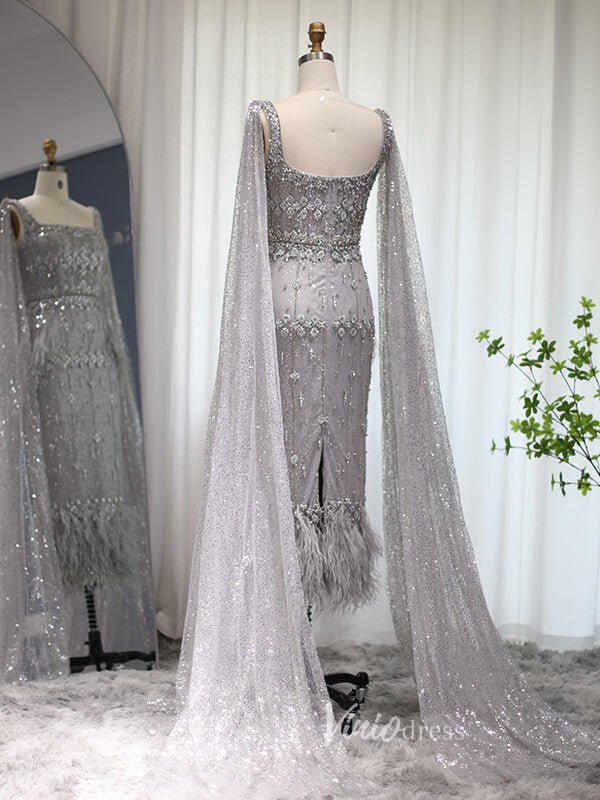 Ankle Length Beaded Feather Wedding Guest Dresses Cape Sleeve 20s Evening Dress 20058-Evening Dresses 2025 -Viniodress-Pink-US 2-