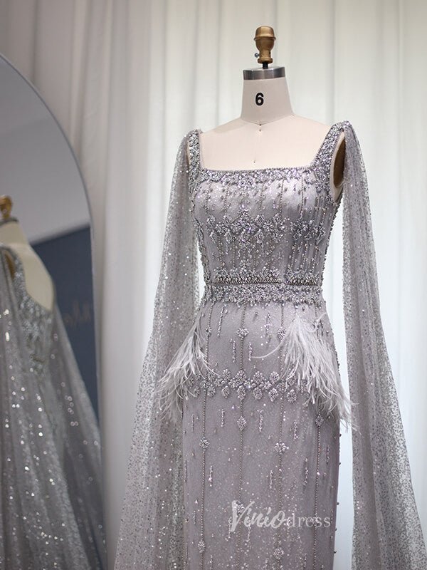 Ankle Length Beaded Feather Wedding Guest Dresses Cape Sleeve 20s Evening Dress 20058-Evening Dresses 2025 -Viniodress-Pink-US 2-