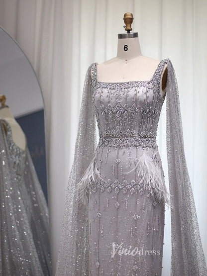 Ankle Length Beaded Feather Wedding Guest Dresses Cape Sleeve 20s Evening Dress 20058-Evening Dresses 2025 -Viniodress-Pink-US 2-