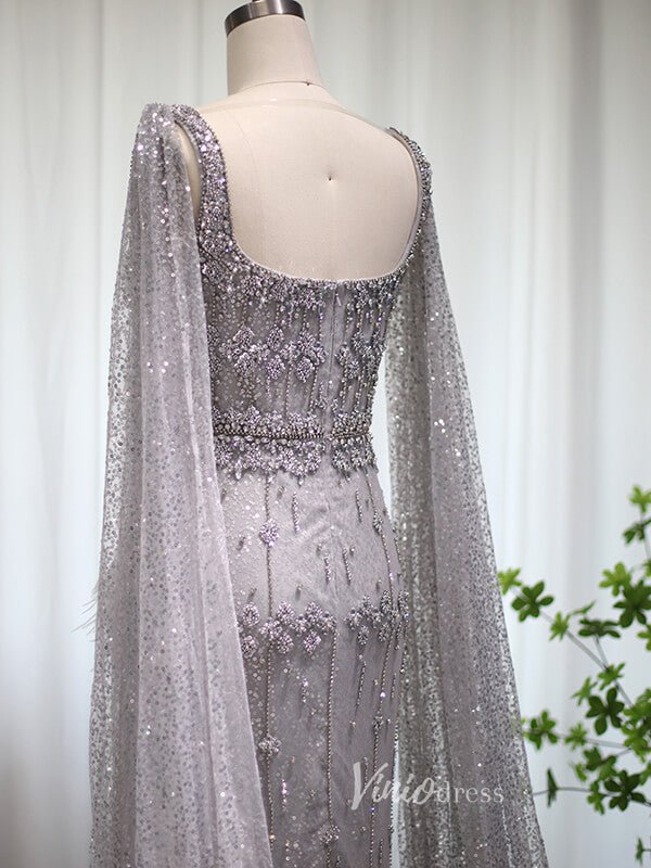 Ankle Length Beaded Feather Wedding Guest Dresses Cape Sleeve 20s Evening Dress 20058-Evening Dresses 2025 -Viniodress-Pink-US 2-