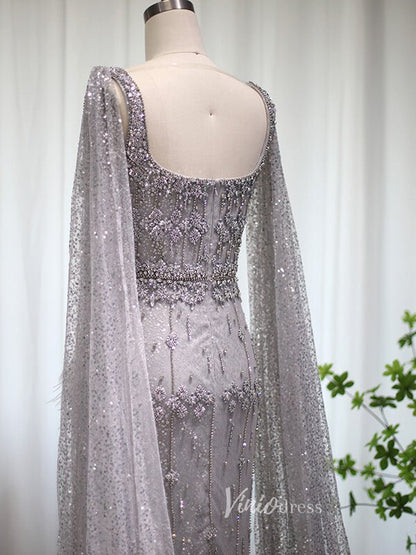 Ankle Length Beaded Feather Wedding Guest Dresses Cape Sleeve 20s Evening Dress 20058-Evening Dresses 2025 -Viniodress-Pink-US 2-