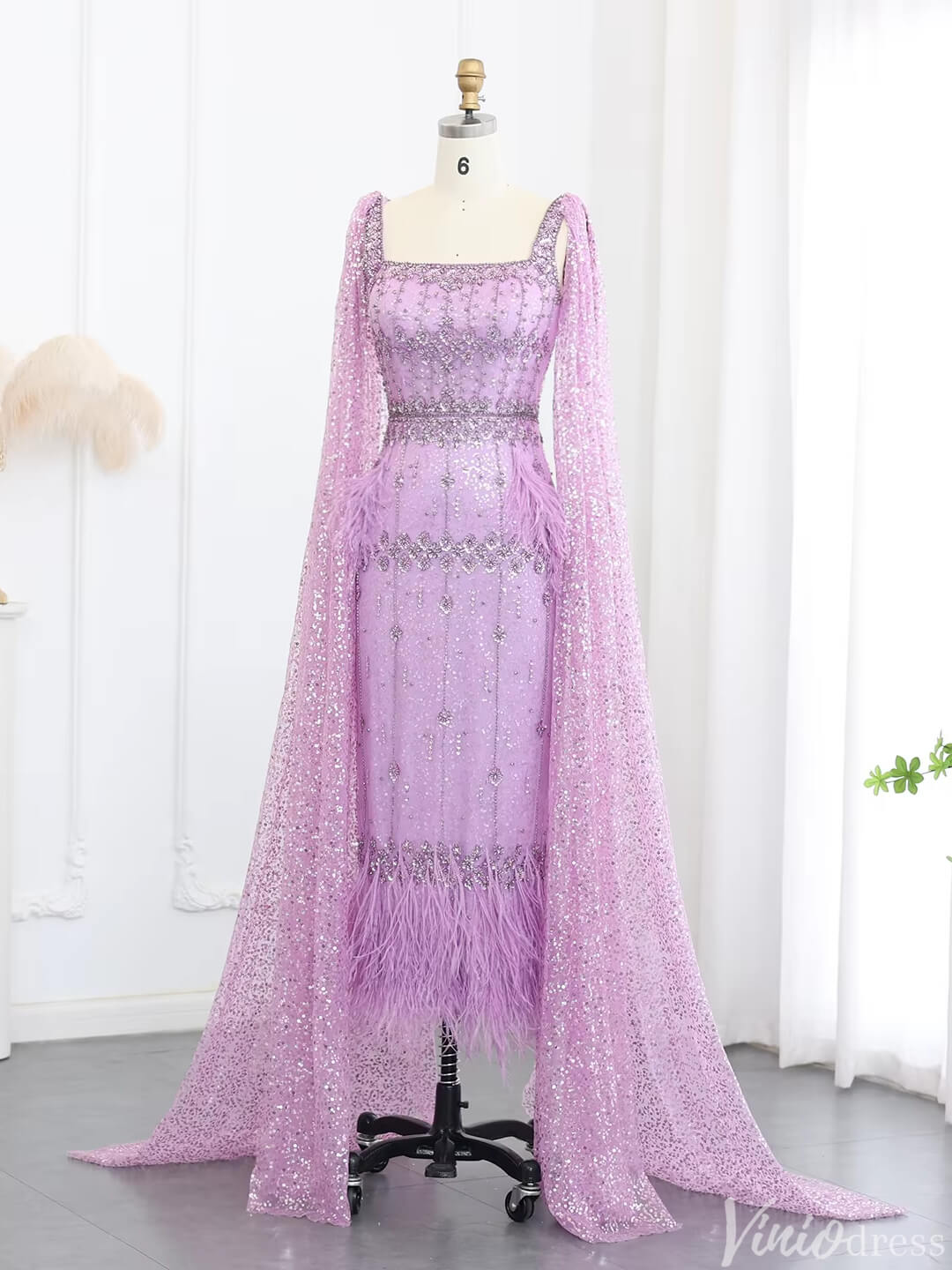 Ankle Length Beaded Feather Wedding Guest Dresses Cape Sleeve 20s Evening Dress 20058-Evening Dresses 2025 -Viniodress-Pink-US 2-