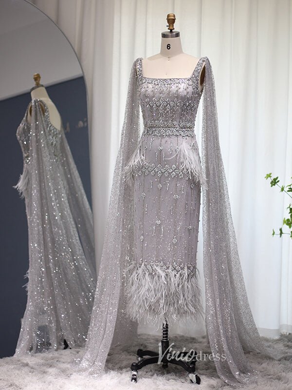 Ankle Length Beaded Feather Wedding Guest Dresses Cape Sleeve 20s Evening Dress 20058-Evening Dresses 2025 -Viniodress-Pink-US 2-