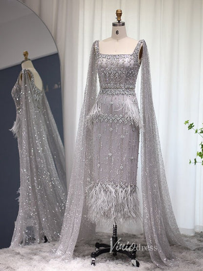 Ankle Length Beaded Feather Wedding Guest Dresses Cape Sleeve 20s Evening Dress 20058-Evening Dresses 2025 -Viniodress-Pink-US 2-