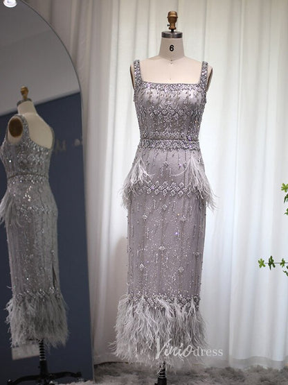 Ankle Length Beaded Feather Wedding Guest Dresses Cape Sleeve 20s Evening Dress 20058-Evening Dresses 2025 -Viniodress-Pink-US 2-