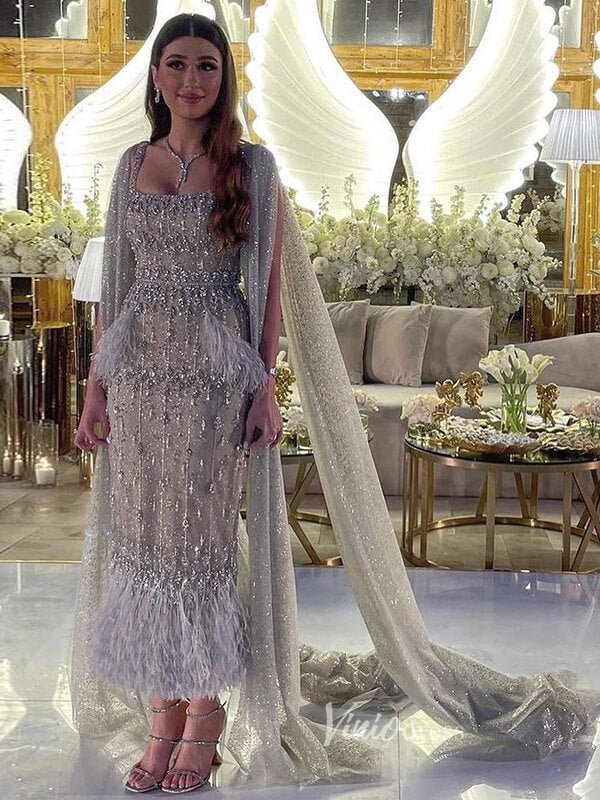 Ankle Length Beaded Feather Wedding Guest Dresses Cape Sleeve 20s Evening Dress 20058-Evening Dresses 2025 -Viniodress-Pink-US 2-