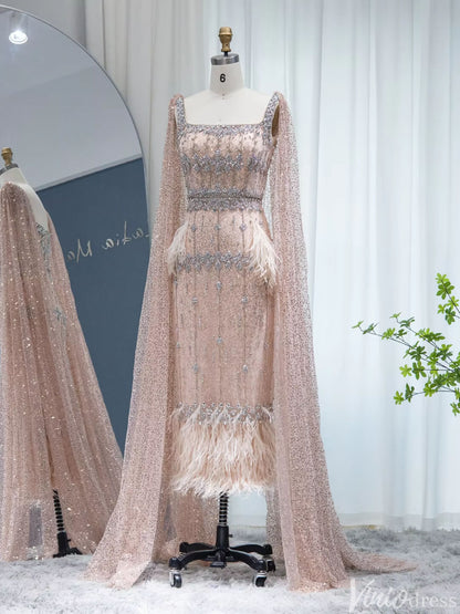 Ankle Length Beaded Feather Wedding Guest Dresses Cape Sleeve 20s Evening Dress 20058-Evening Dresses 2025 -Viniodress-Pink-US 2-