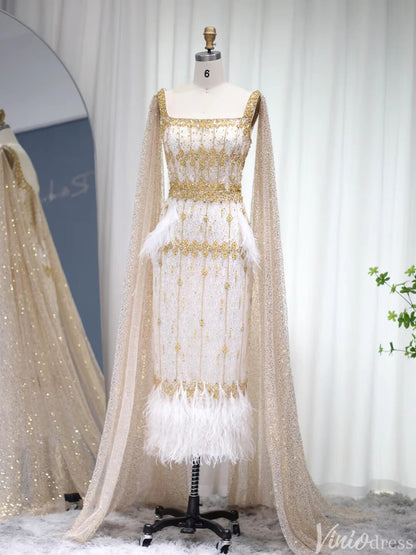 Ankle Length Beaded Feather Wedding Guest Dresses Cape Sleeve 20s Evening Dress 20058-Evening Dresses 2025 -Viniodress-Pink-US 2-