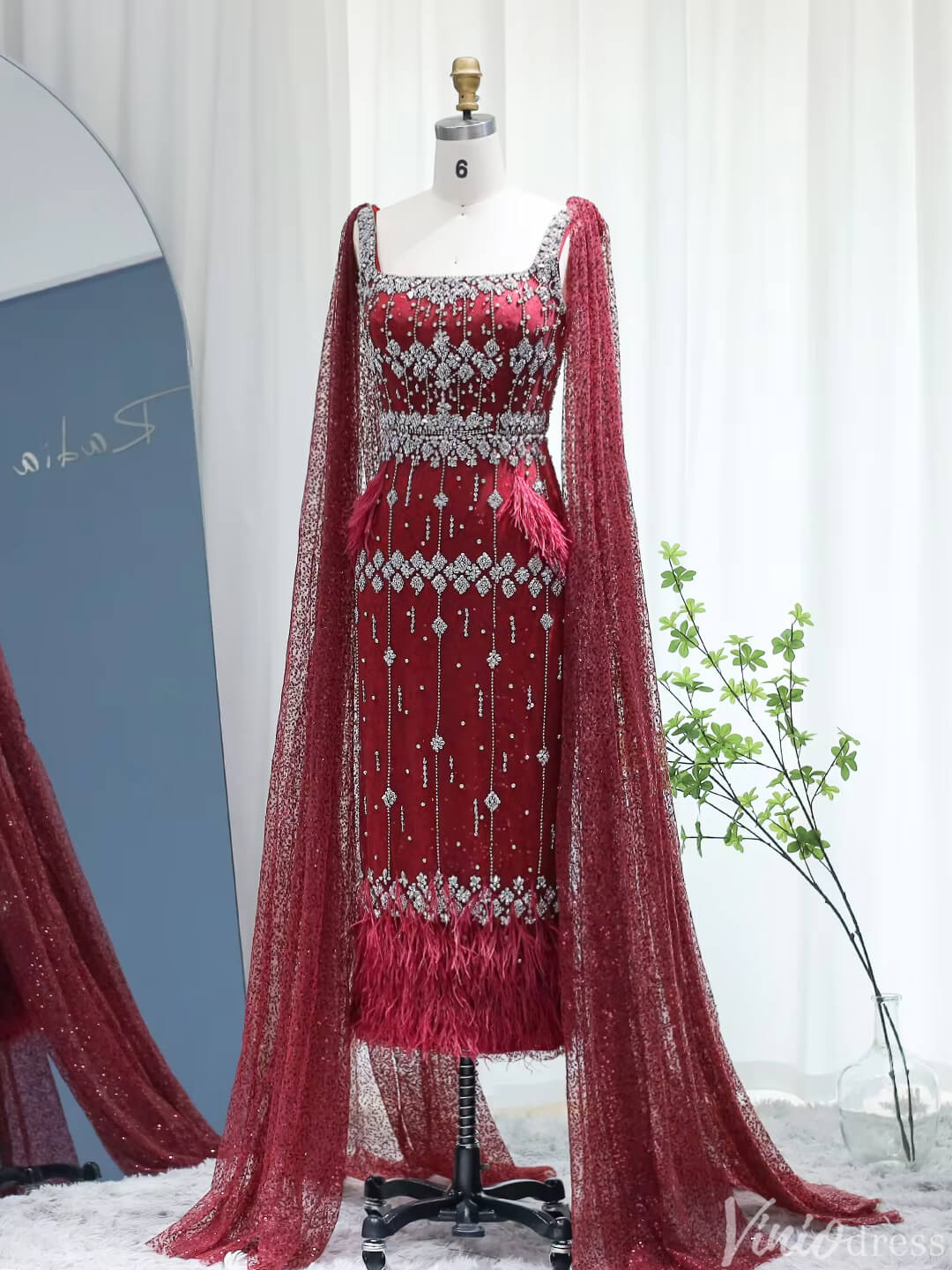 Prom Dress 2025 Ankle Length Beaded Feather Wedding Guest Dresses Cape Sleeve 20s Evening Dress 20058-unique Prom Dresses-Burgundy-US 2-Viniodress