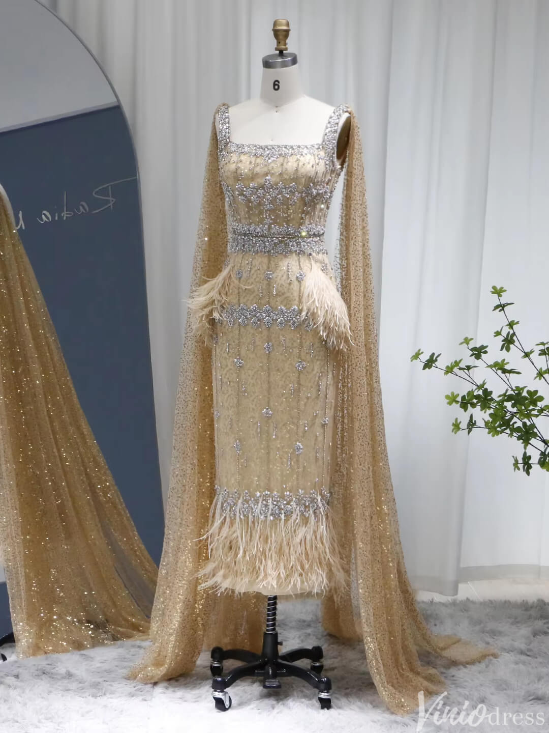 Prom Dress 2025 Ankle Length Beaded Feather Wedding Guest Dresses Cape Sleeve 20s Evening Dress 20058-unique Prom Dresses-Gold-US 2-Viniodress