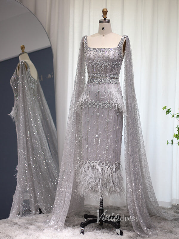 Prom Dress 2025 Ankle Length Beaded Feather Wedding Guest Dresses Cape Sleeve 20s Evening Dress 20058-unique Prom Dresses-Grey-US 2-Viniodress