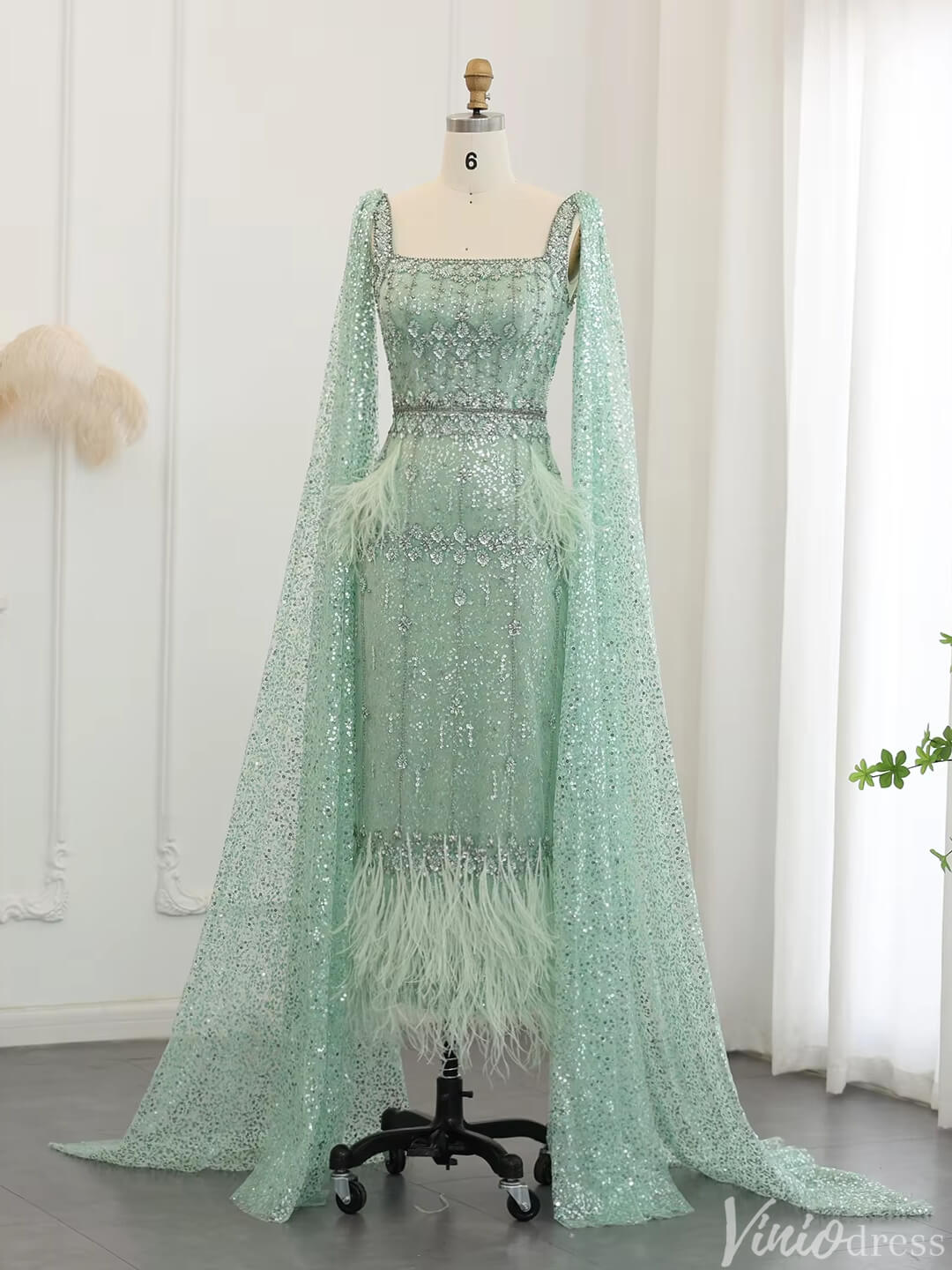 Prom Dress 2025 Ankle Length Beaded Feather Wedding Guest Dresses Cape Sleeve 20s Evening Dress 20058-unique Prom Dresses-Light Green-US 2-Viniodress