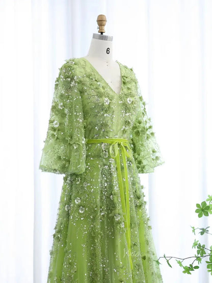 Apple Green Ethereal Prom Dresses Sparkly Floral Formal Dresses, Elbow Sleeves BD048-Evening Dresses 2025 -Viniodress-Light Green-Custom Size-