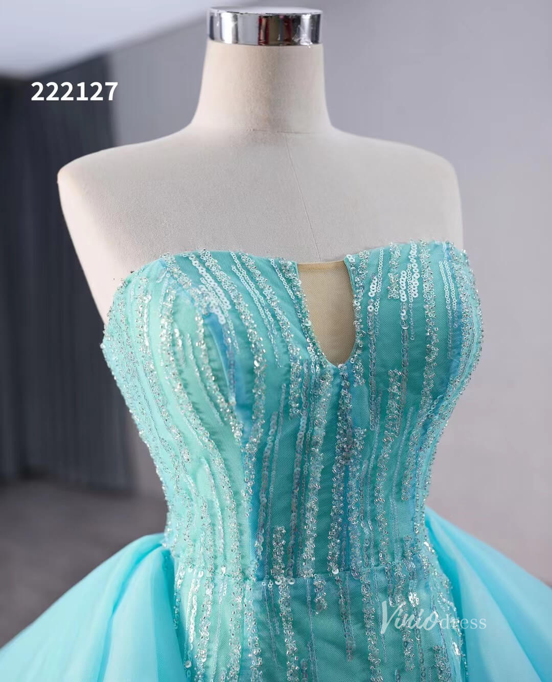 Aqua Blue Beaded Wedding Dresses with Overskirt Strapless Formal Gown Viniodress Aqua Blue Beaded Wedding Dresses with Overskirt Strapless Formal Gown Viniodress