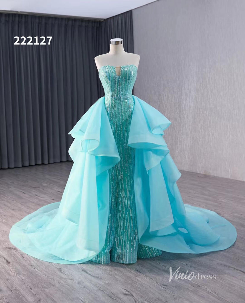 Aqua Blue Beaded Wedding Dresses with Overskirt Strapless Formal Gown ...