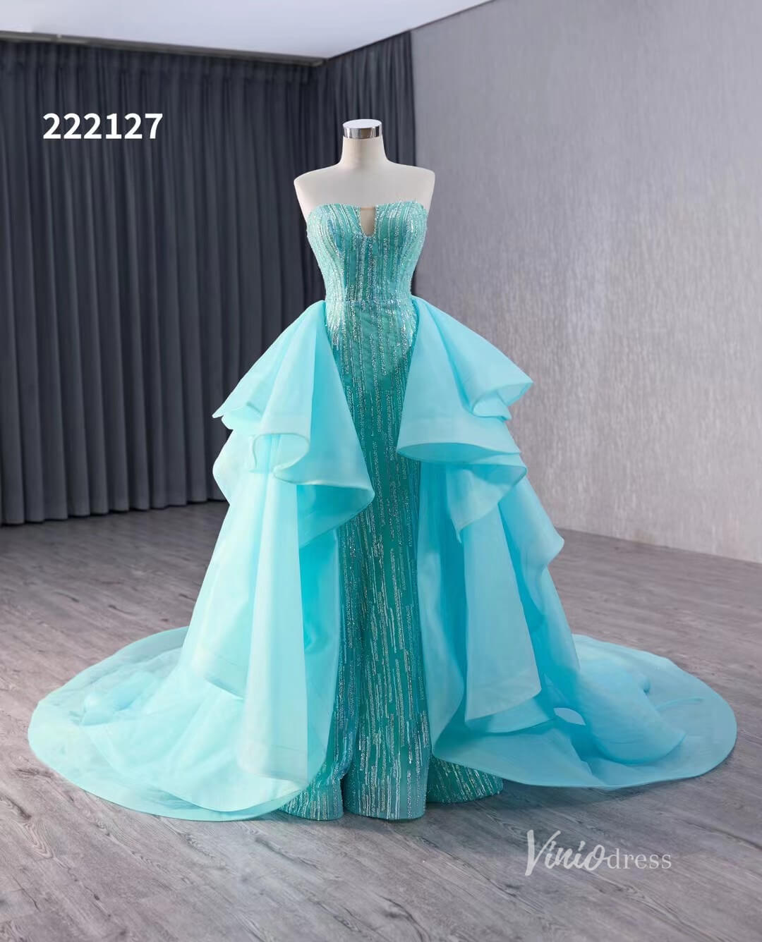 Aqua Blue Beaded Wedding Dresses with Overskirt Strapless Formal Gown 222127-wedding dresses-Viniodress-Aqua-Custom Size-Viniodress