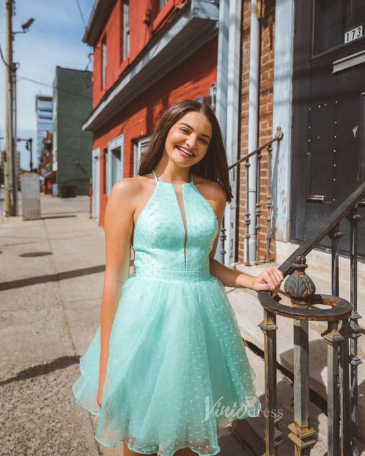 Aqua Blue Dotted Homecoming Dresses Halter Party Dress SD1228-Homecoming Dresses 2025 -Viniodress-Aqua-Custom Size-
