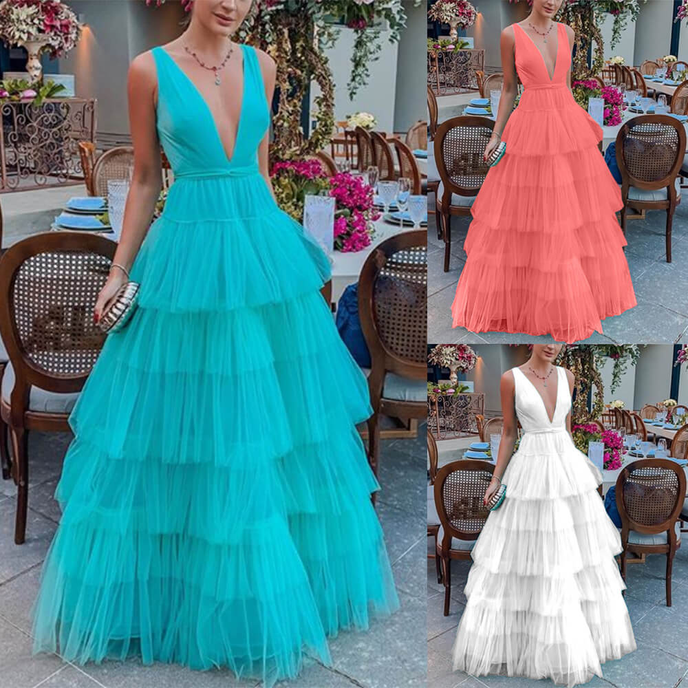 Aqua Blue Layered Tulle Prom Dresses V-neck FD2050-prom dresses 2025 -Viniodress-Aqua-Custom Size-