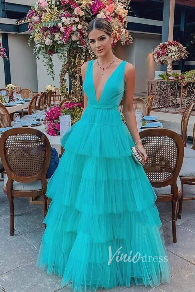 Aqua Blue Layered Tulle Prom Dresses V-neck FD2050-prom dresses 2025 -Viniodress-Aqua-Custom Size-