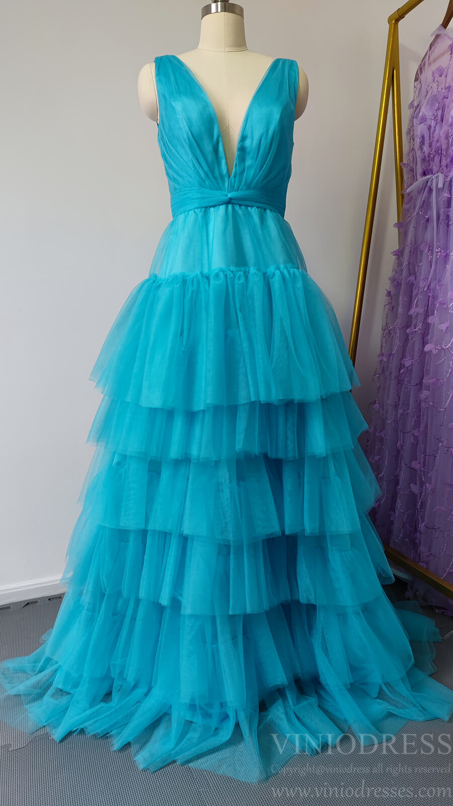 Aqua Blue Layered Tulle Prom Dresses V-neck FD2050-prom dresses 2025 -Viniodress-Aqua-Custom Size-