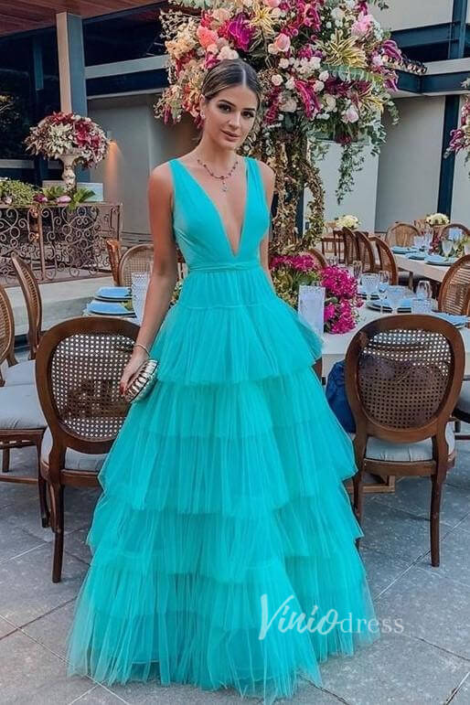 Aqua Blue Layered Tulle Prom Dresses V-neck FD2050-prom dresses 2025 -Viniodress-Aqua-Custom Size-