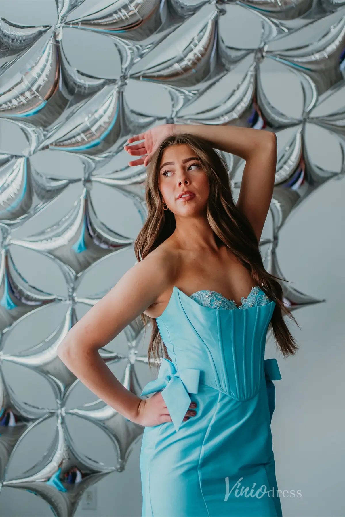 Aqua Blue Mermaid Prom Dress with Satin Bow Detail, Strapless Corset Bodice, Lace Sweetheart Neck – SS092-prom dresses 2025 -Viniodress-Aqua-Custom Size-
