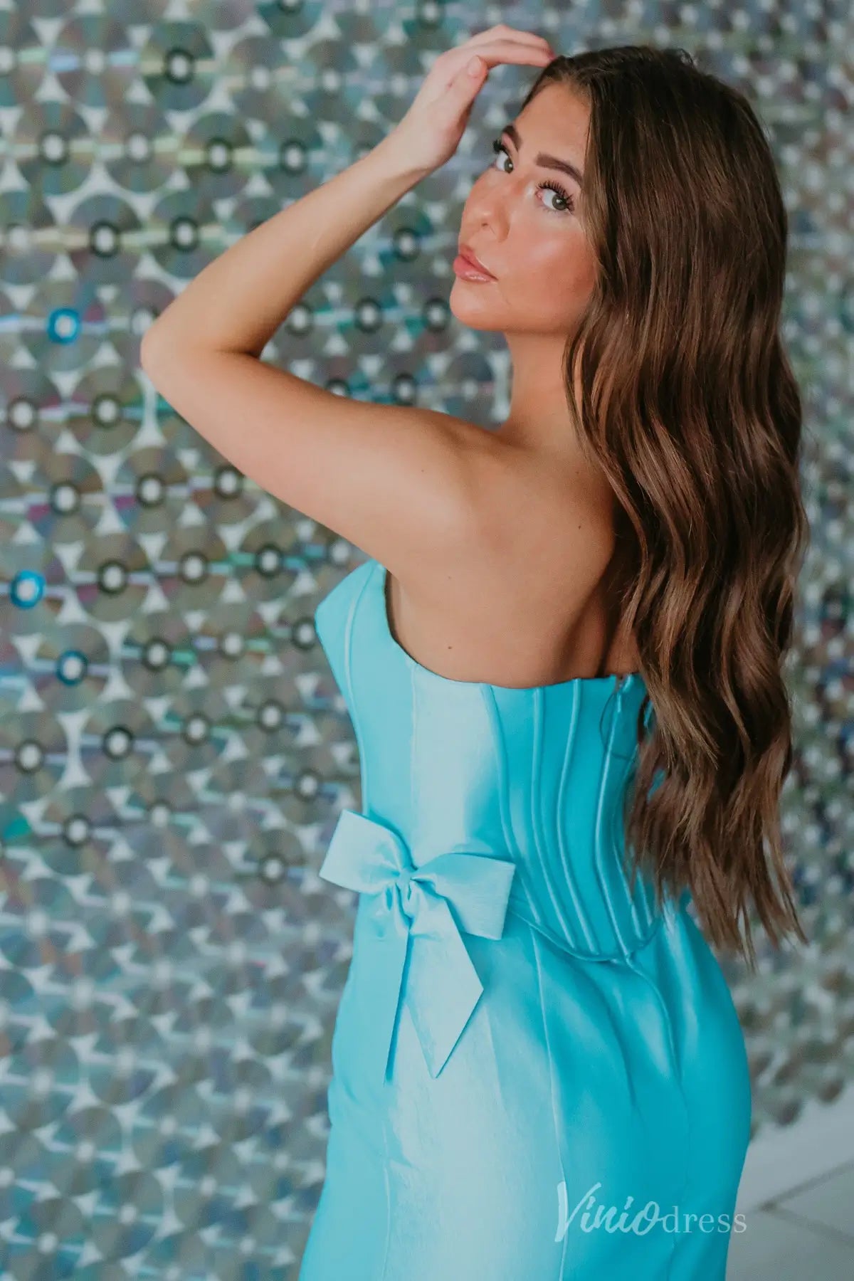 Aqua Blue Mermaid Prom Dress with Satin Bow Detail, Strapless Corset Bodice, Lace Sweetheart Neck – SS092-prom dresses 2025 -Viniodress-Aqua-Custom Size-