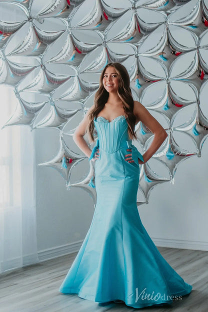 Aqua Blue Mermaid Prom Dress with Satin Bow Detail, Strapless Corset Bodice, Lace Sweetheart Neck – SS092-prom dresses 2025 -Viniodress-Aqua-Custom Size-