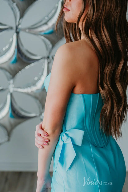 Aqua Blue Mermaid Prom Dress with Satin Bow Detail, Strapless Corset Bodice, Lace Sweetheart Neck – SS092-prom dresses 2025 -Viniodress-Aqua-Custom Size-