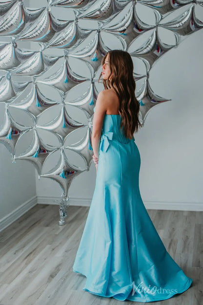 Aqua Blue Mermaid Prom Dress with Satin Bow Detail, Strapless Corset Bodice, Lace Sweetheart Neck – SS092-prom dresses 2025 -Viniodress-Aqua-Custom Size-