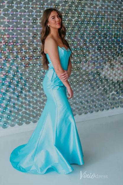 Aqua Blue Mermaid Prom Dress with Satin Bow Detail, Strapless Corset Bodice, Lace Sweetheart Neck – SS092-prom dresses 2025 -Viniodress-Aqua-Custom Size-
